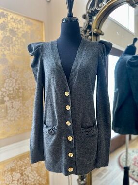 BCBGeneration Dark Gray Button-Front V-Neck Cardigan with Braided Pockets (New)